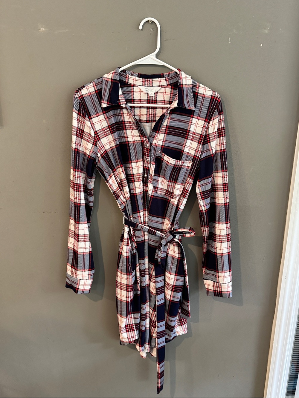 Market & Spruce Navy and Red Plaid Long-Sleeve Tie-Waist Dress